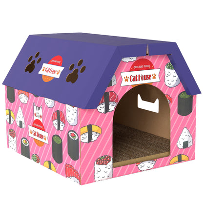 2-in-1 Cat Scratching Board House with 4 Paw-Shaped Vents, Pink