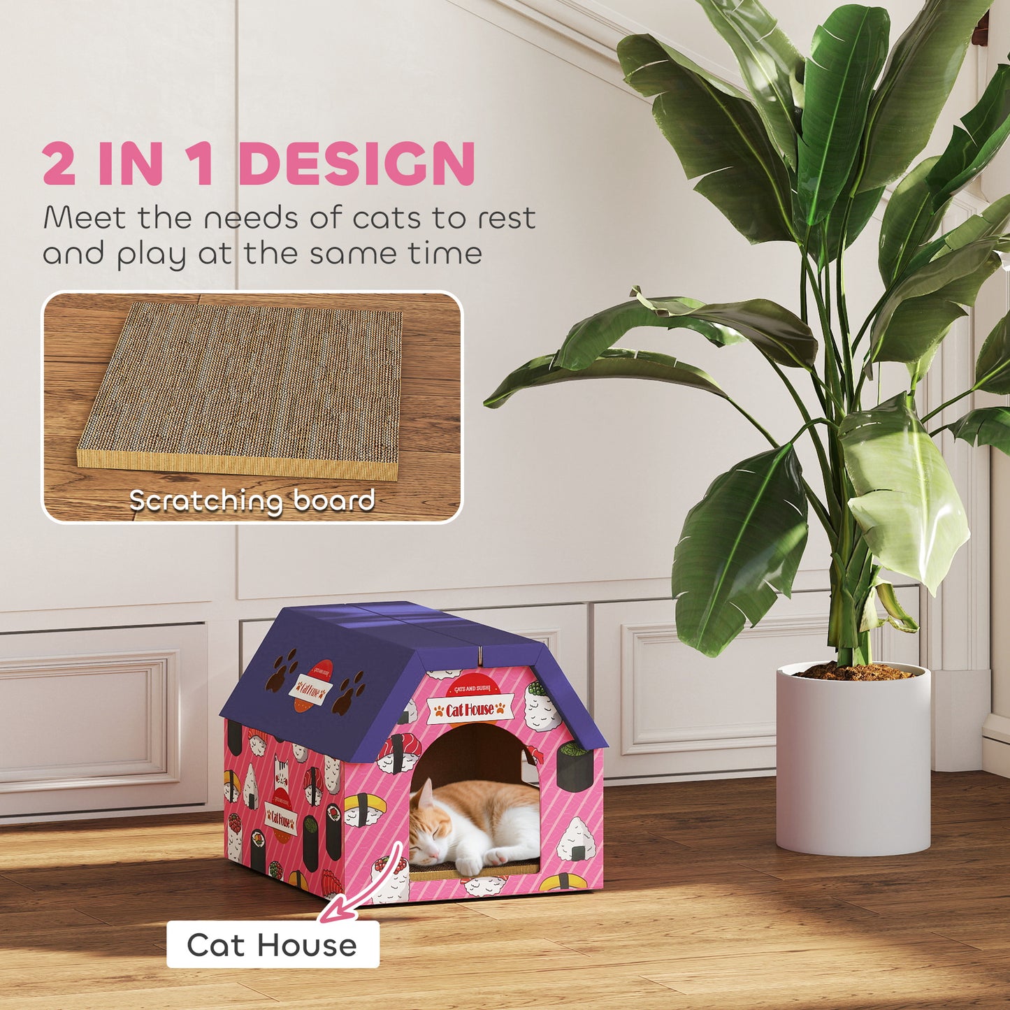 2-in-1 Cat Scratching Board House with 4 Paw-Shaped Vents, Pink