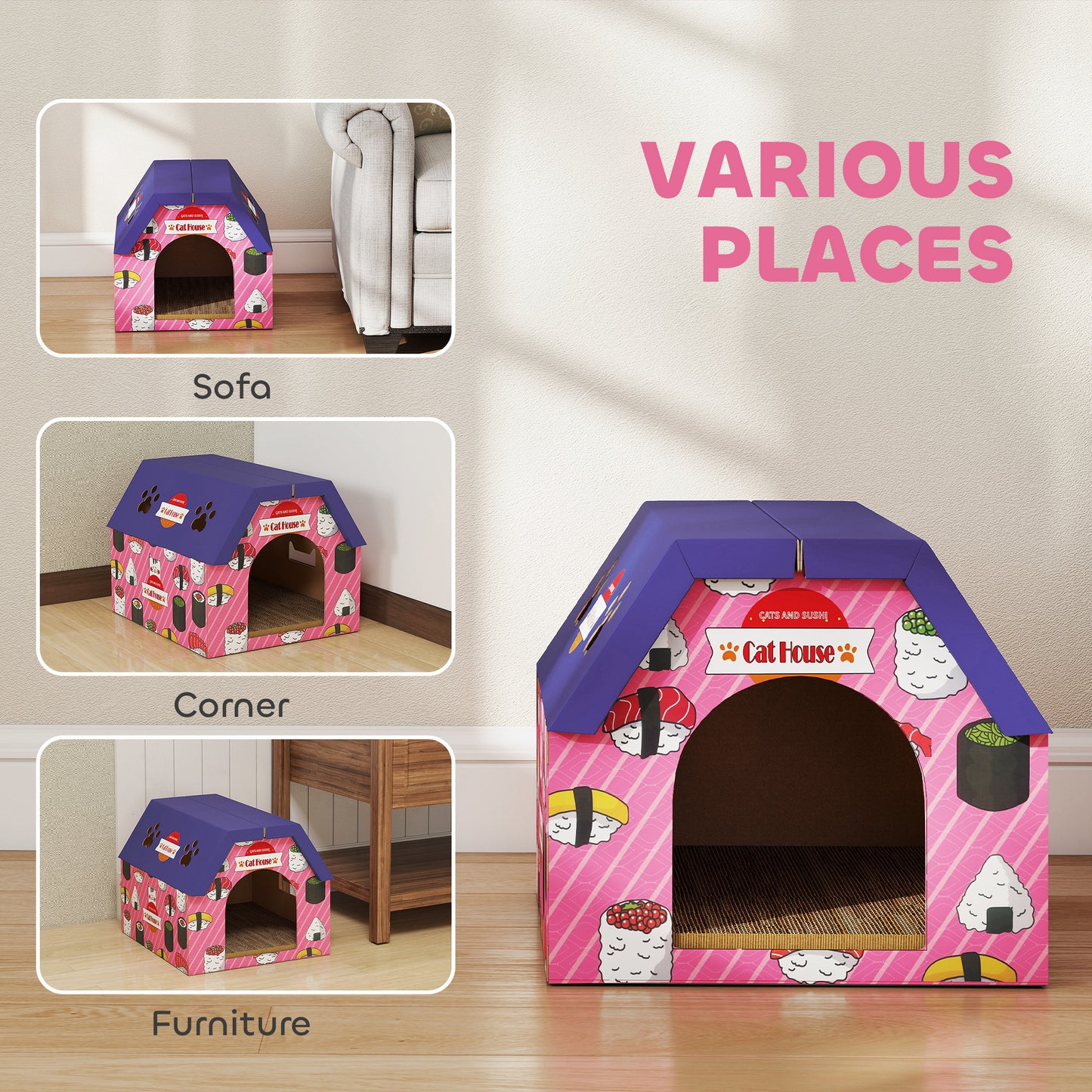 2-in-1 Cat Scratching Board House with 4 Paw-Shaped Vents, Pink
