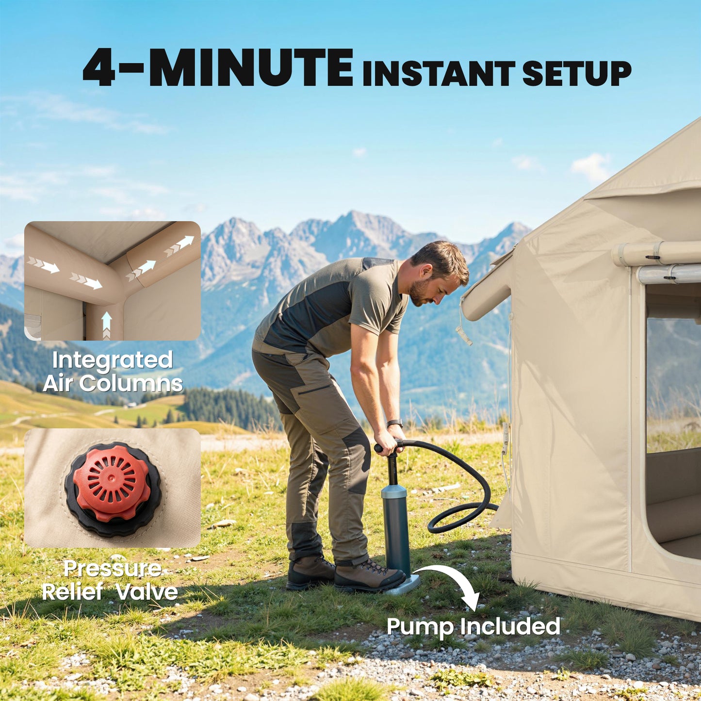 nflatable Tents Waterproof Glamping Tent with Stove Jack for 6-8 Person Khaki
