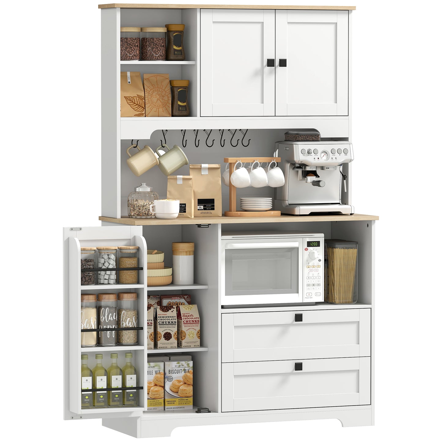 Kitchen Cupboard, Kitchen Cabinet with 2 Cabinets, 2 Drawers, White
