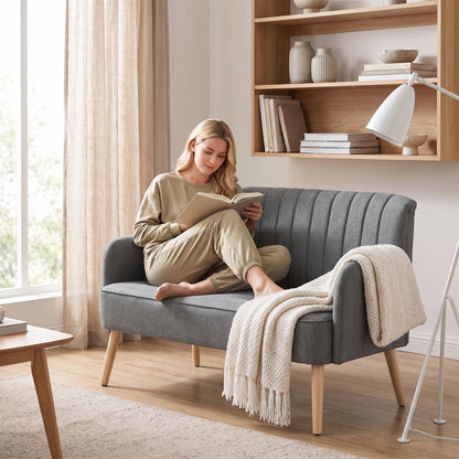 Compact 2-Seater Linen-Effect Sofa with Wooden Legs - Dark Grey
