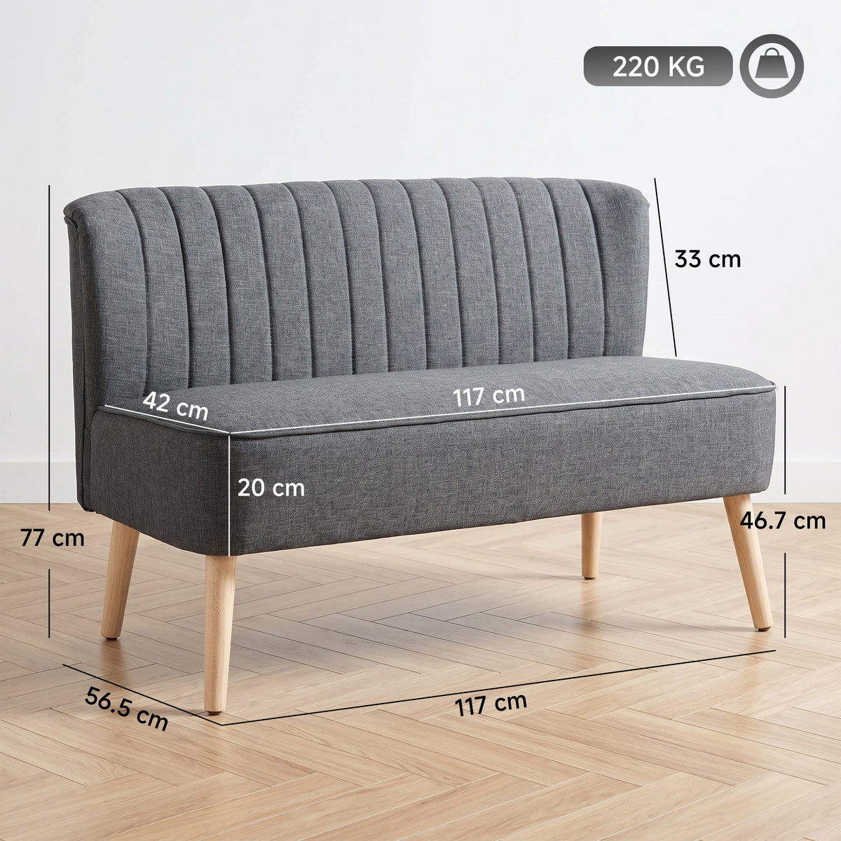 Compact 2-Seater Linen-Effect Sofa with Wooden Legs - Dark Grey