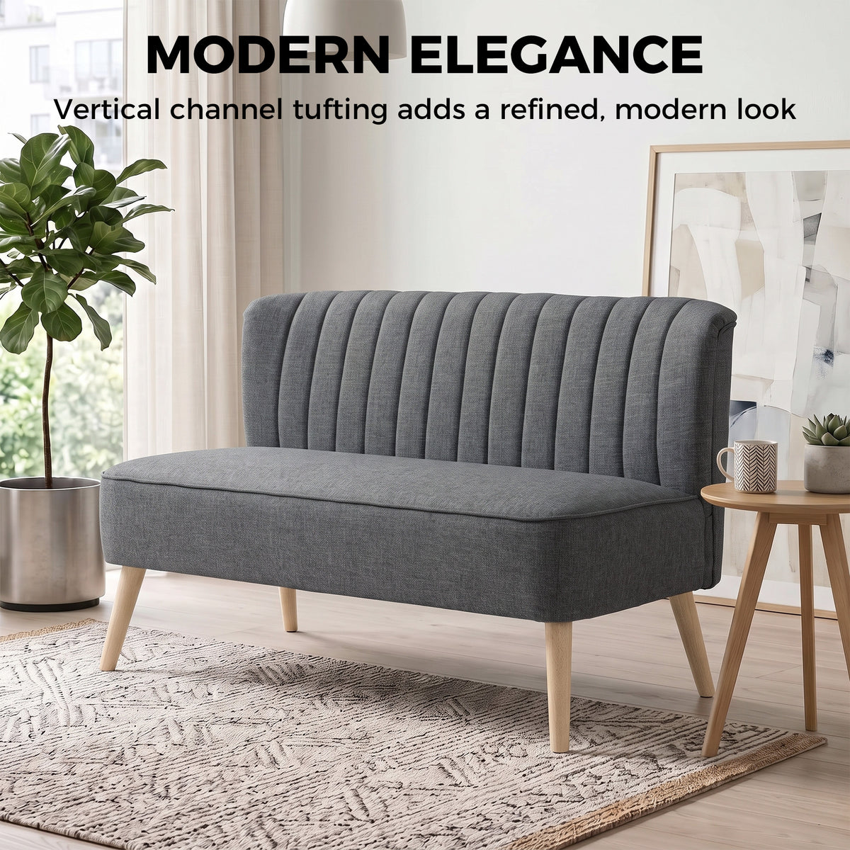 Compact 2-Seater Linen-Effect Sofa with Wooden Legs - Dark Grey