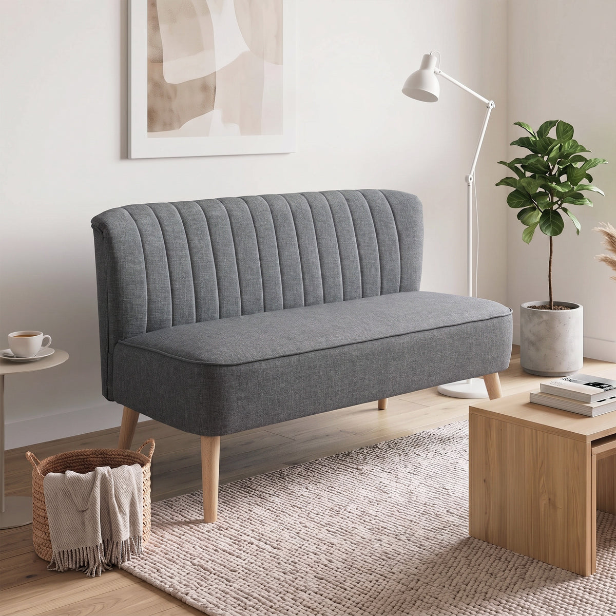 Compact 2-Seater Linen-Effect Sofa with Wooden Legs - Dark Grey