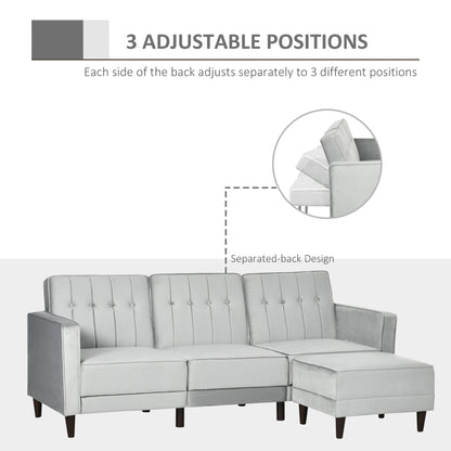 L Shape Sofa Bed Set with 3-Seater Sofa and Footstool, Corner Sofa Bed with Ottoman, Grey