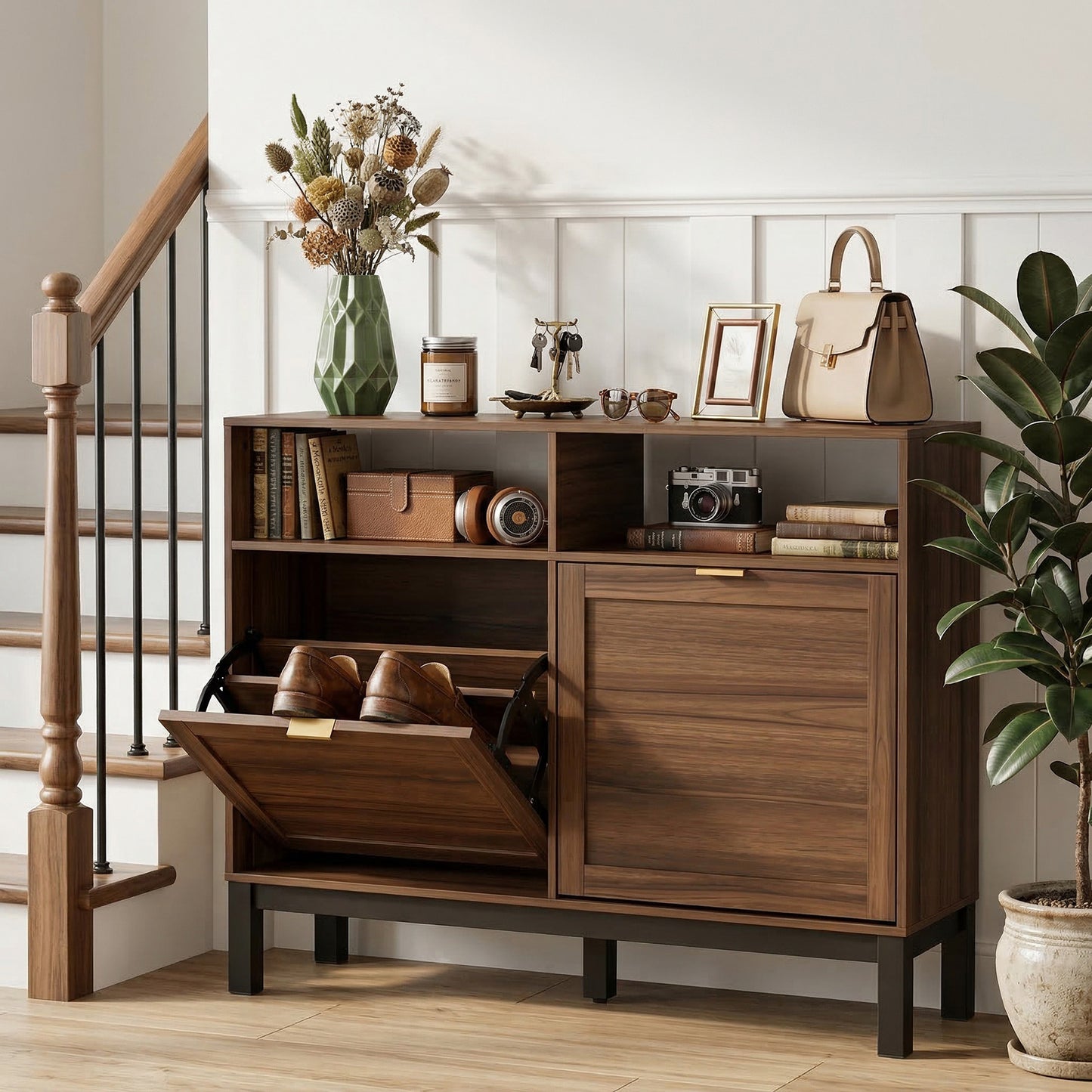 Narrow Shoe Cabinet with 2 Flip Drawers, Modern Shoe Storage Cabinet