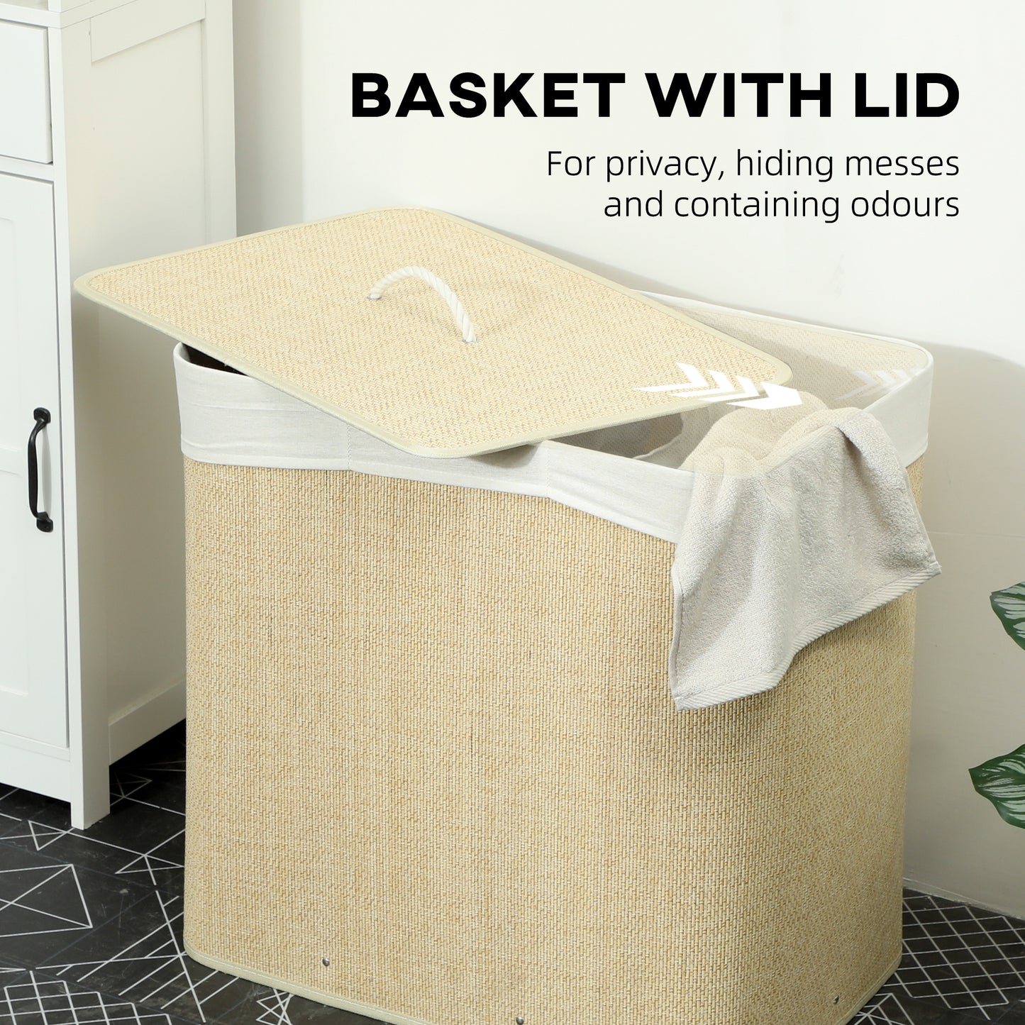 144L Laundry Basket with Lid, 3 Section Bamboo Laundry Hamper with Removable and Washable Liner, Handles, Dirty Clothes Hamper for Bathroom, Bedroom, Cream White
