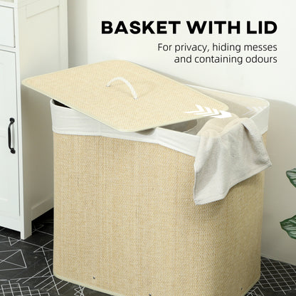144L Laundry Basket with Lid, 3 Section Bamboo Laundry Hamper with Removable and Washable Liner, Handles, Dirty Clothes Hamper for Bathroom, Bedroom, Cream White