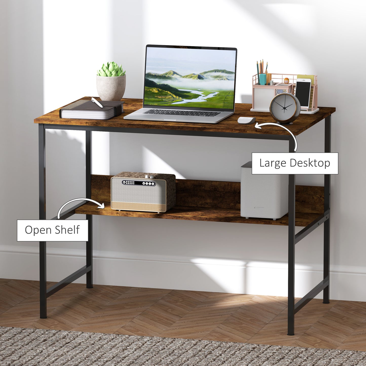 2-Tier Writing Desk Metal Frame with Storage Shelf Rustic Brown