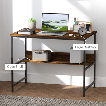 2-Tier Writing Desk Metal Frame with Storage Shelf Rustic Brown