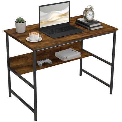 2-Tier Writing Desk Metal Frame with Storage Shelf Rustic Brown