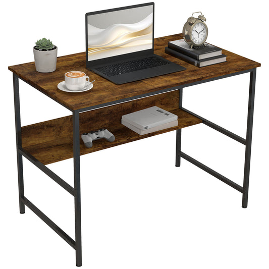 2-Tier Writing Desk Metal Frame with Storage Shelf Rustic Brown
