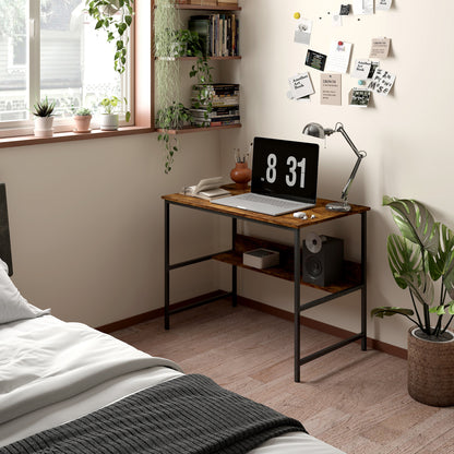 2-Tier Writing Desk Metal Frame with Storage Shelf Rustic Brown