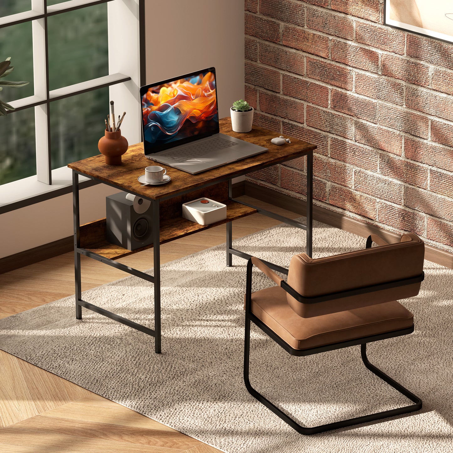 2-Tier Writing Desk Metal Frame with Storage Shelf Rustic Brown