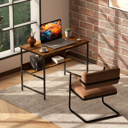 2-Tier Writing Desk Metal Frame with Storage Shelf Rustic Brown