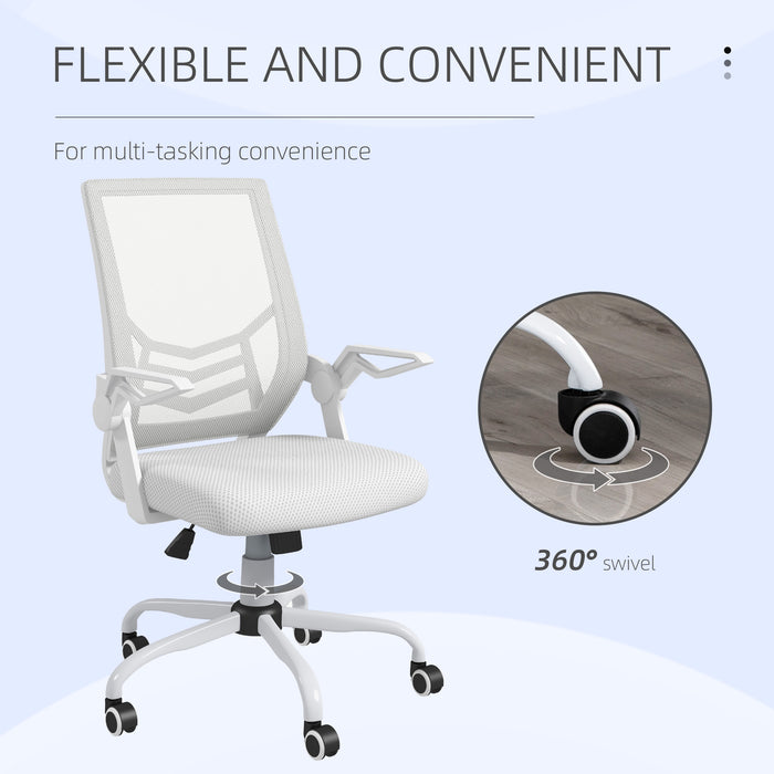 Mesh Office Chair, Computer Desk Chair with Flip-up Armrests, Lumbar Back Support and Swivel Wheels, White