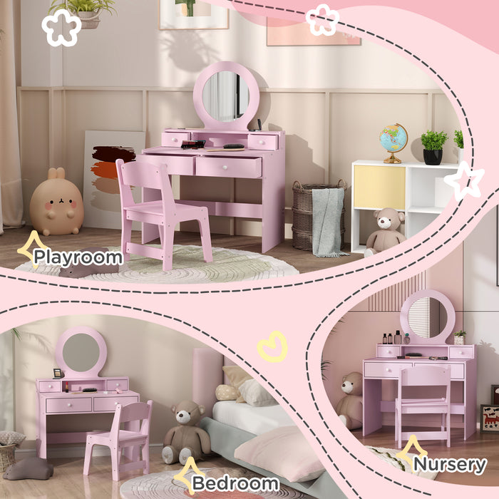 Kids Dressing Table Set w/ Stool, Mirror, Drawers - Pink