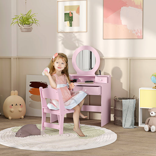 Kids Dressing Table Set w/ Stool, Mirror, Drawers - Pink