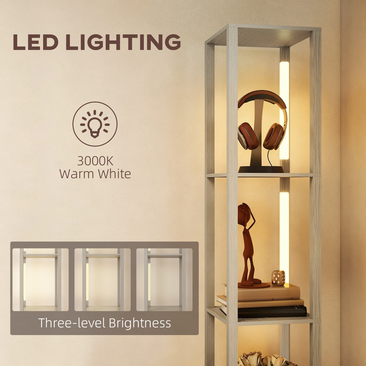 Floor Lamp with Shelves, LED Standing Lamp with Fabric Drawer, Oak