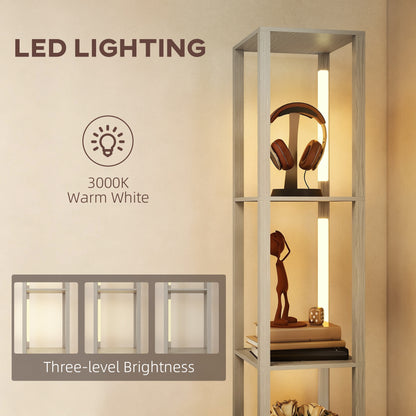 Floor Lamp with Shelves, LED Standing Lamp with Fabric Drawer, Oak