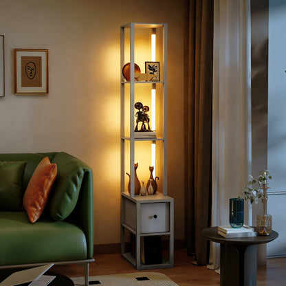 Floor Lamp with Shelves, LED Standing Lamp with Fabric Drawer, Oak