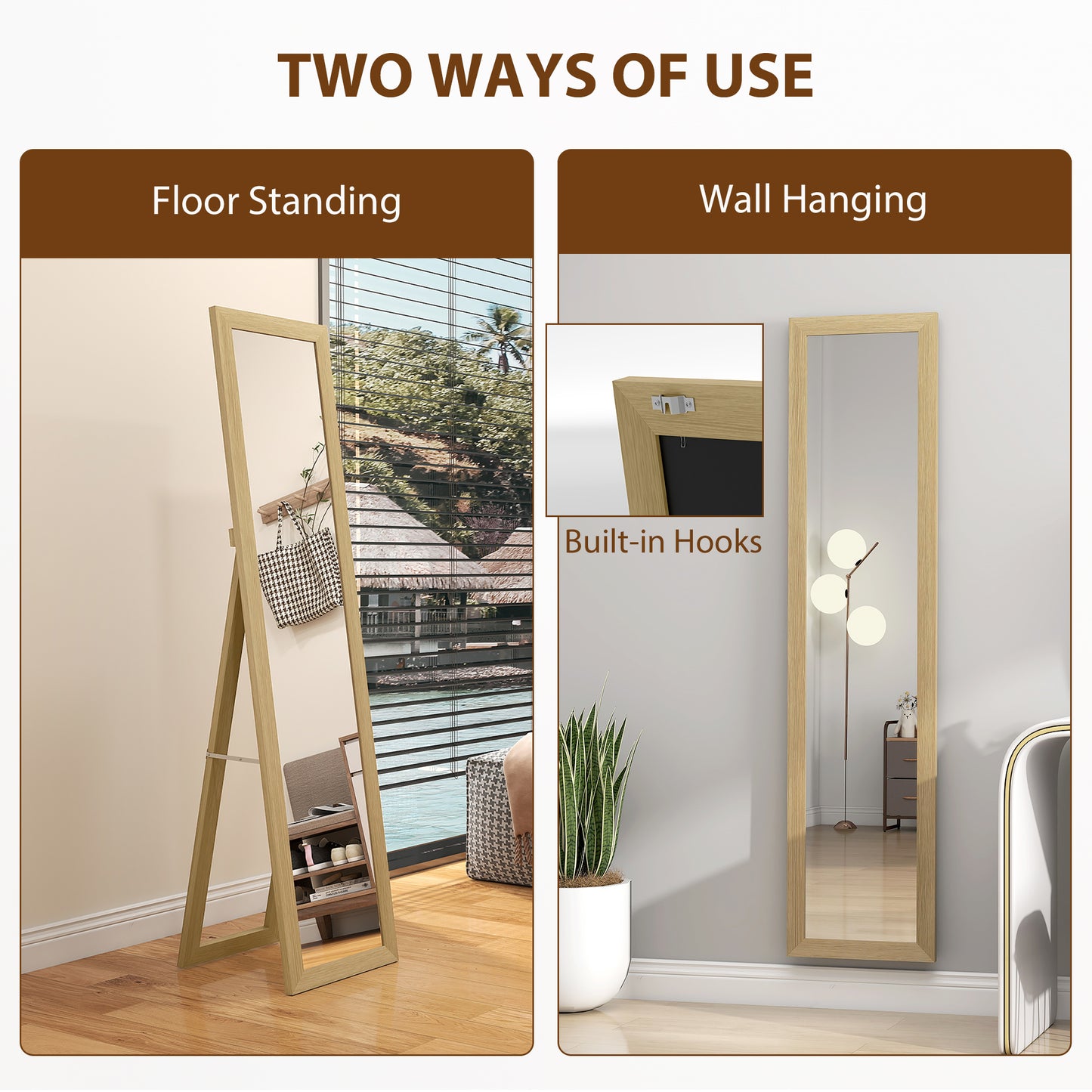 37 x 157 cm Full Length Mirror with Frame for Bedroom, Natural