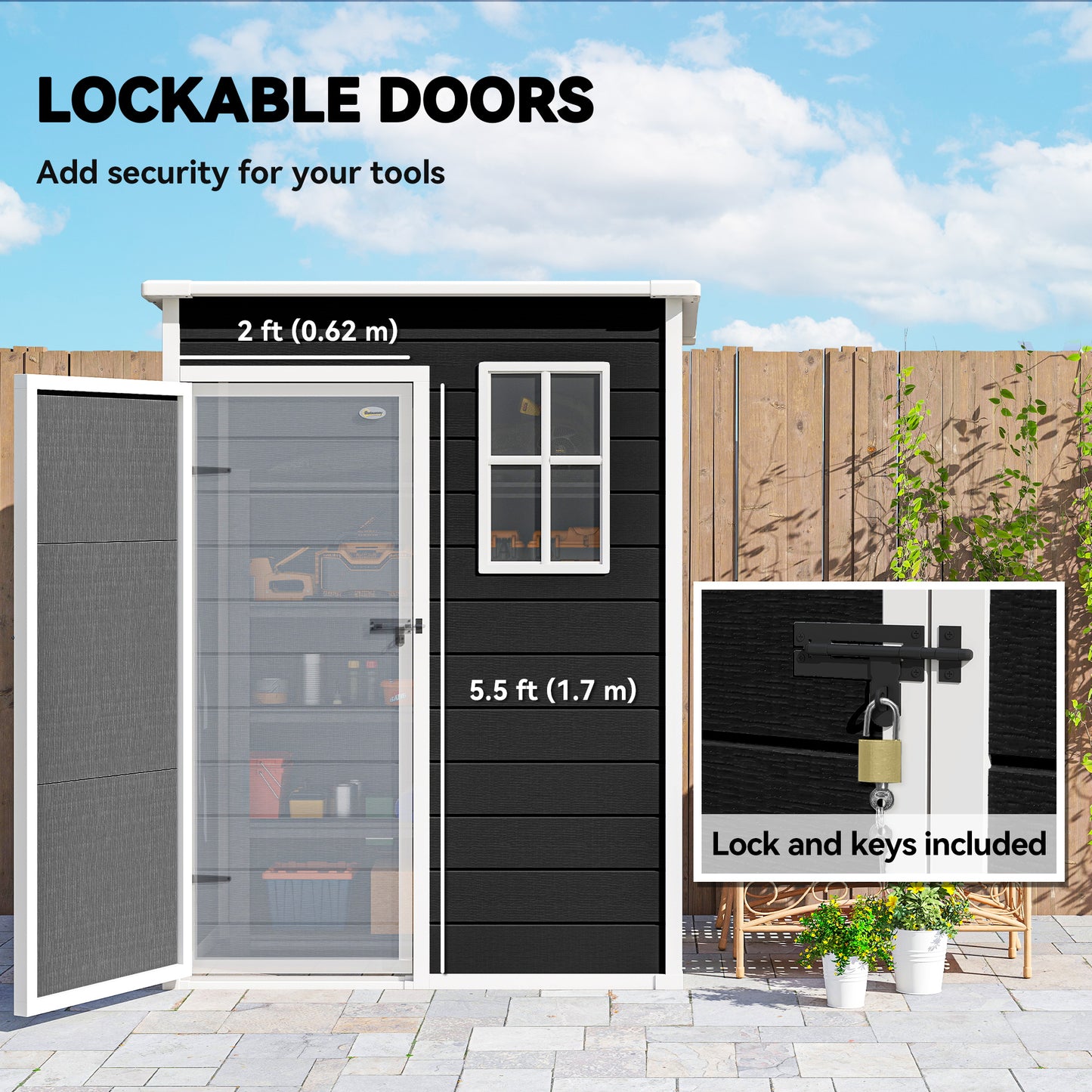 5' x 3' Garden Shed w/ Floor, Lockable Door, Window and Vent Black