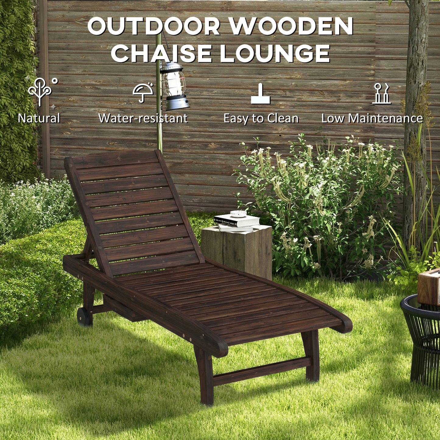 Wooden Sun Lounger Outdoor Patio Sun Bed w/ Pull-out Table