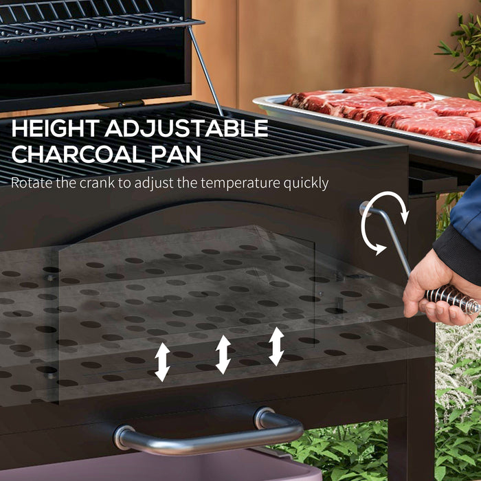 Charcoal Barbecue Grill Trolley Garden Smoker with Shelves, Adjustable Height, Thermometer on Lid, Opener and Wheels