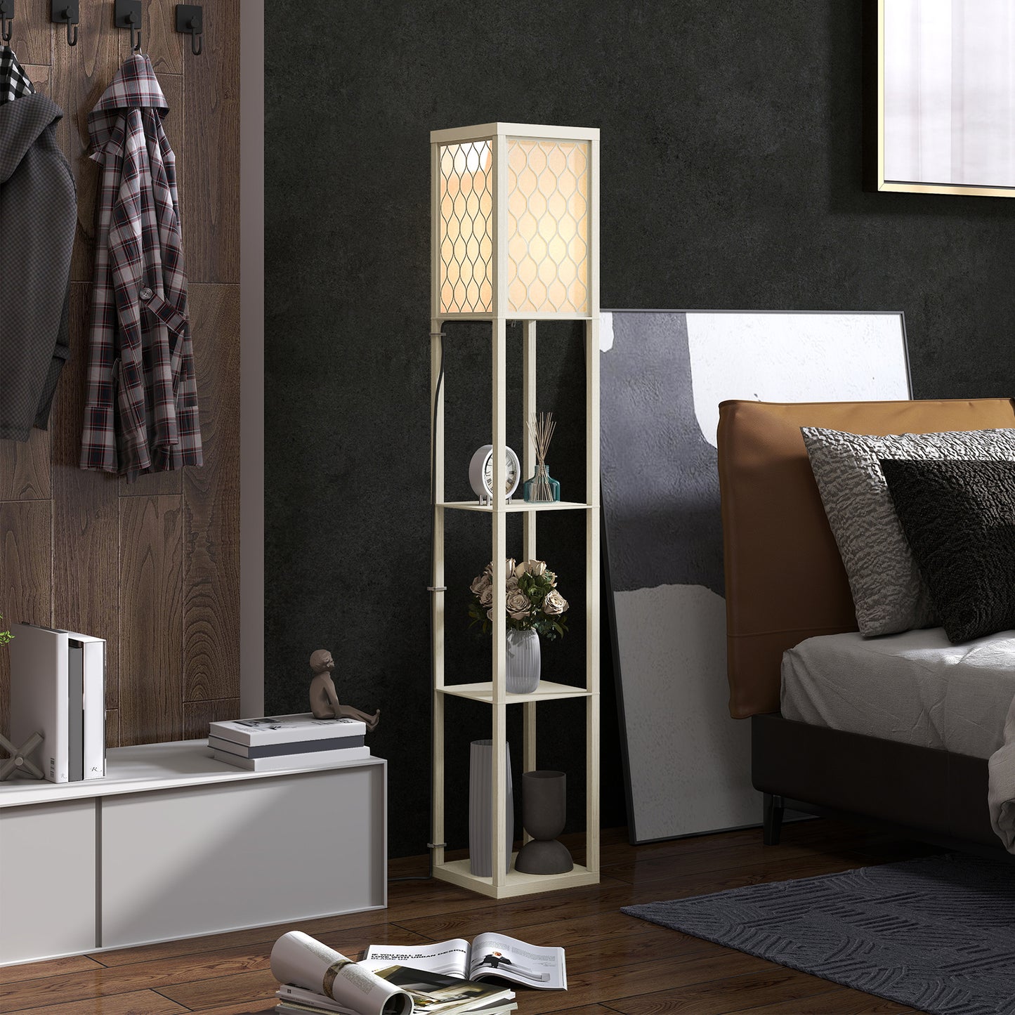 Modern Floor Lamp Light with 3 Shelves Fabric Lampshade Oak