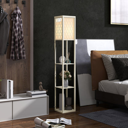 Modern Floor Lamp Light with 3 Shelves Fabric Lampshade Oak