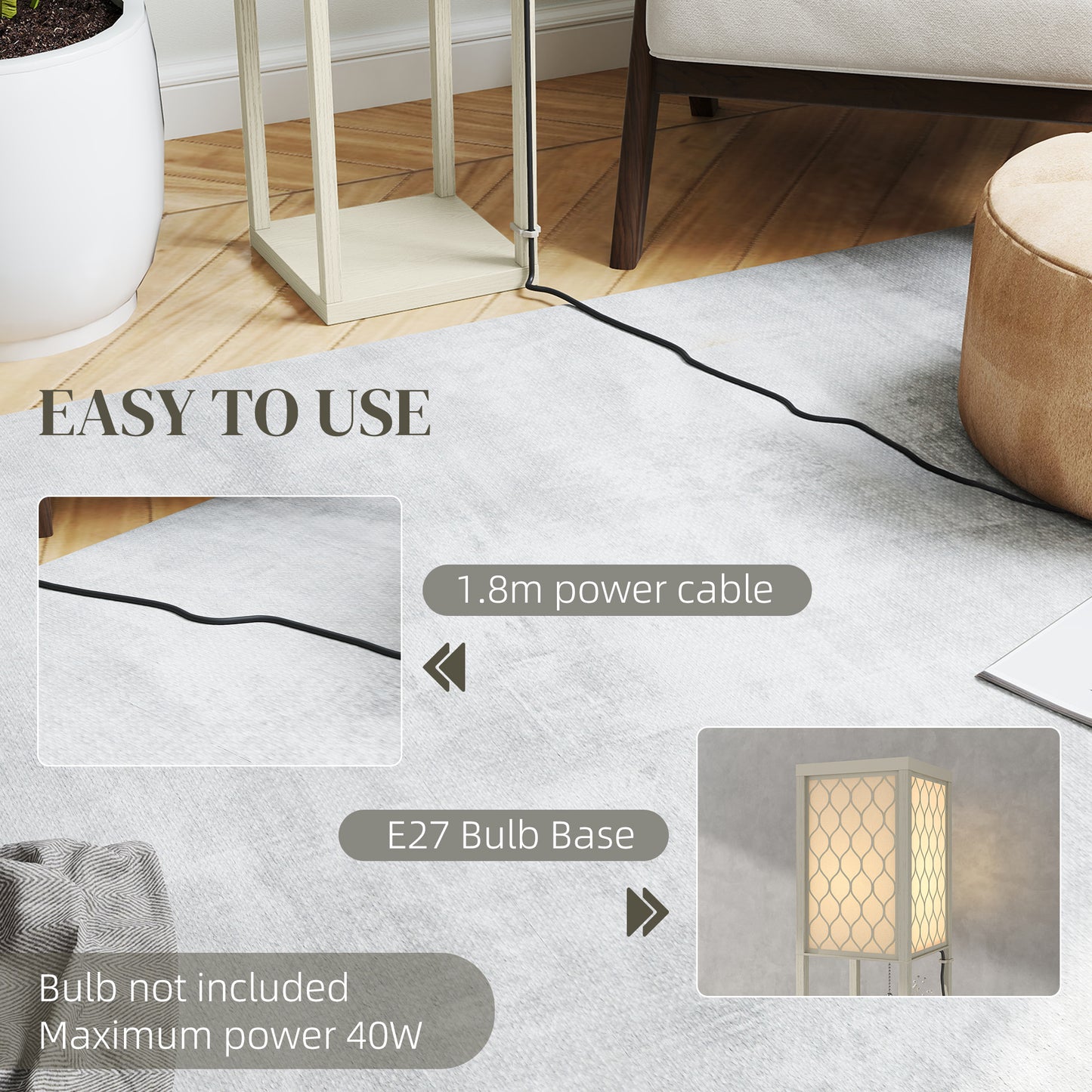 Modern Floor Lamp Light with 3 Shelves Fabric Lampshade Oak