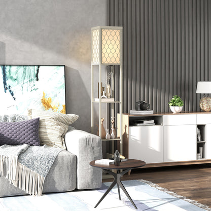 Modern Floor Lamp Light with 3 Shelves Fabric Lampshade Oak