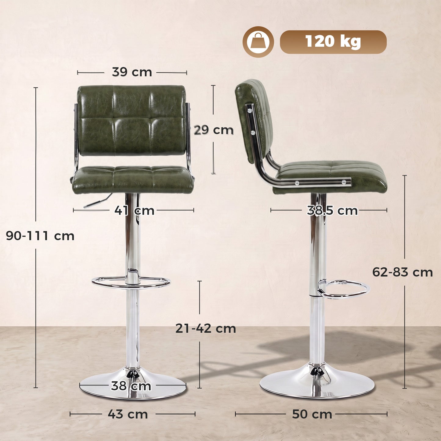 Adjustable Bar Stools Set of 2 with Backrest Green