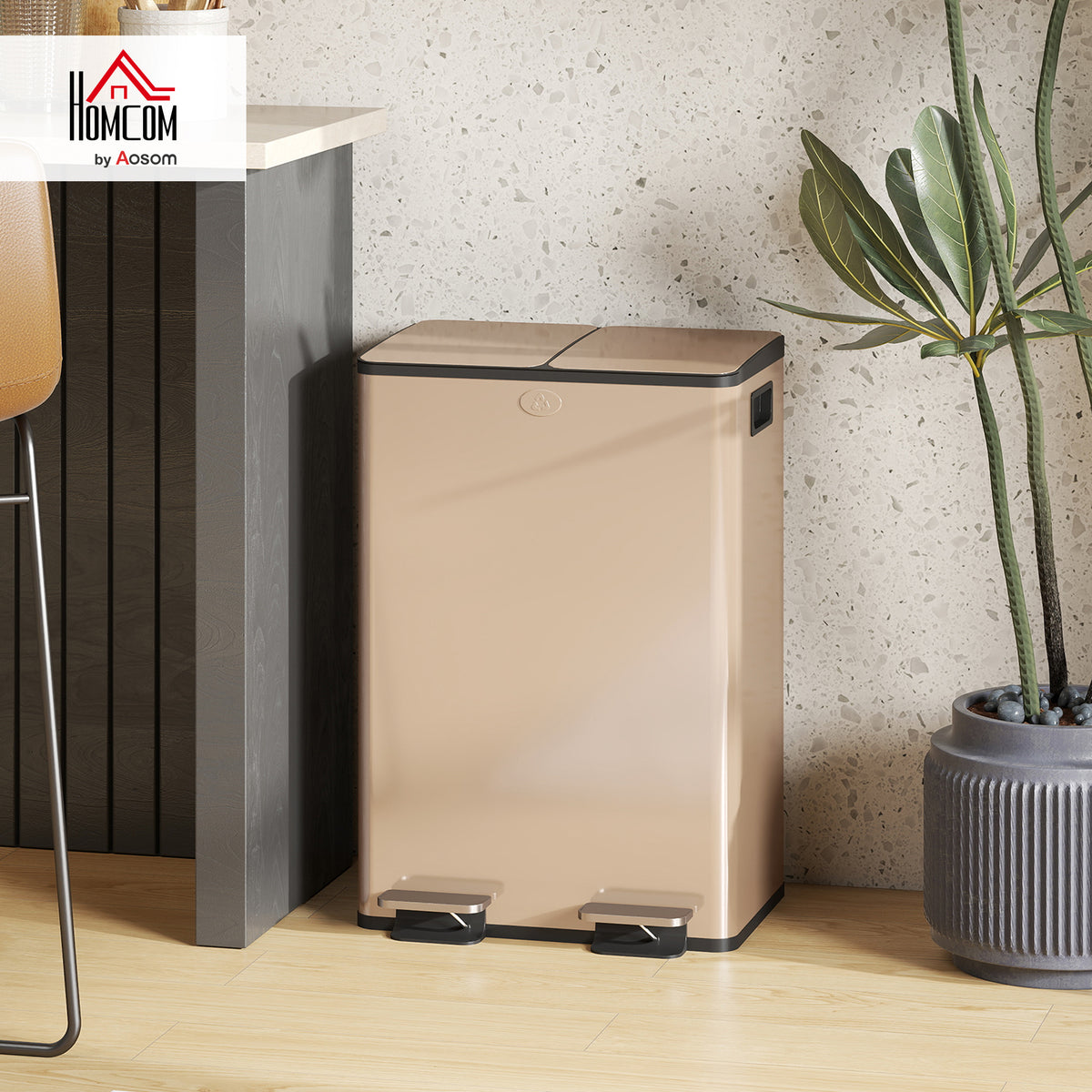 2 x 28L Dual Kitchen Bin Pedal Bin for Recycling and Waste, Gold Tone