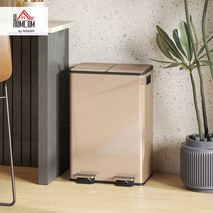 2 x 28L Dual Kitchen Bin Pedal Bin for Recycling and Waste, Gold Tone