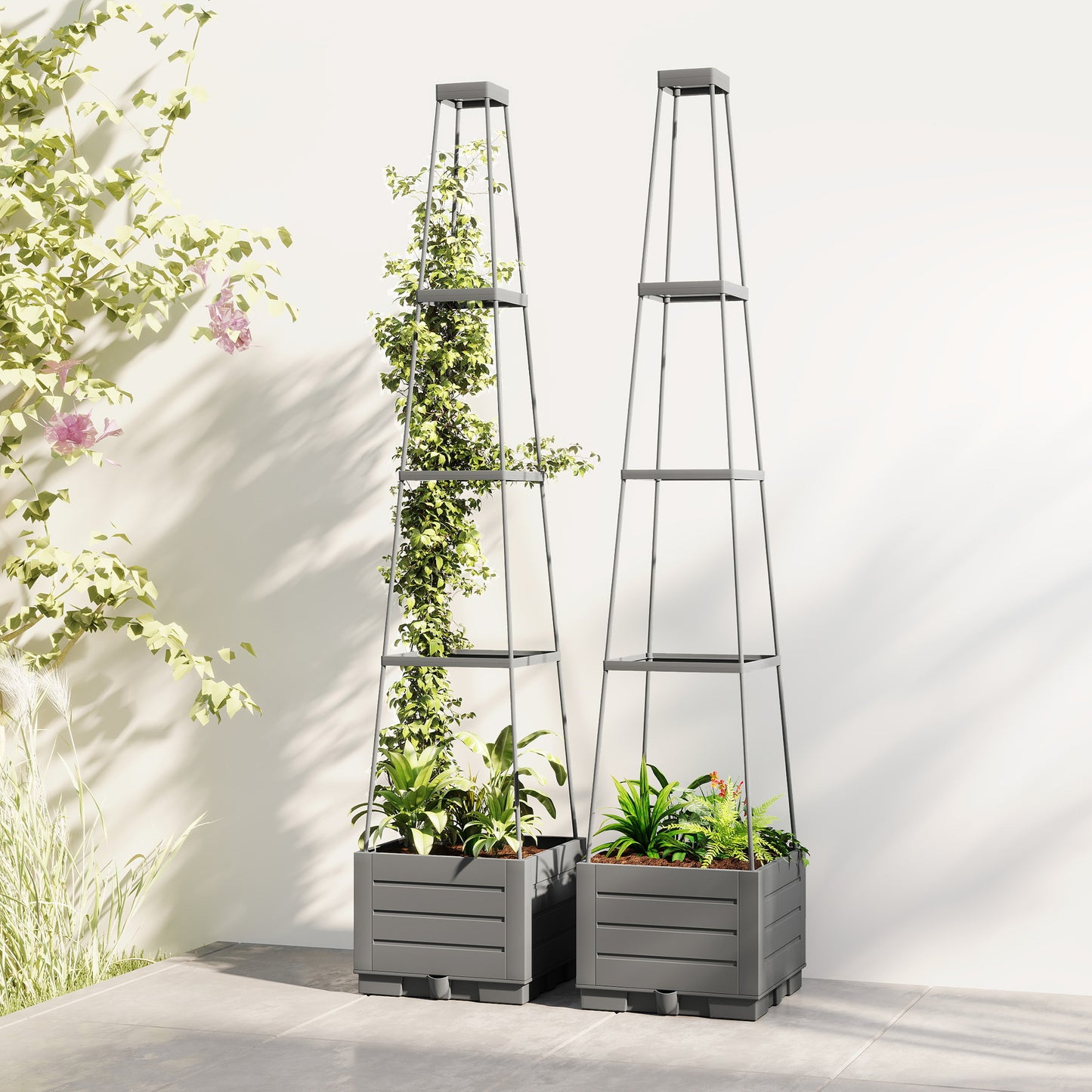 2 Pack Raised Garden Bed with Trellis, Plastic Outdoor Planter Box with Removable Drainage Tray, Tomato Cage for Climbing Plants, Vegetables, Flowers, 28 x 28 x 140 cm