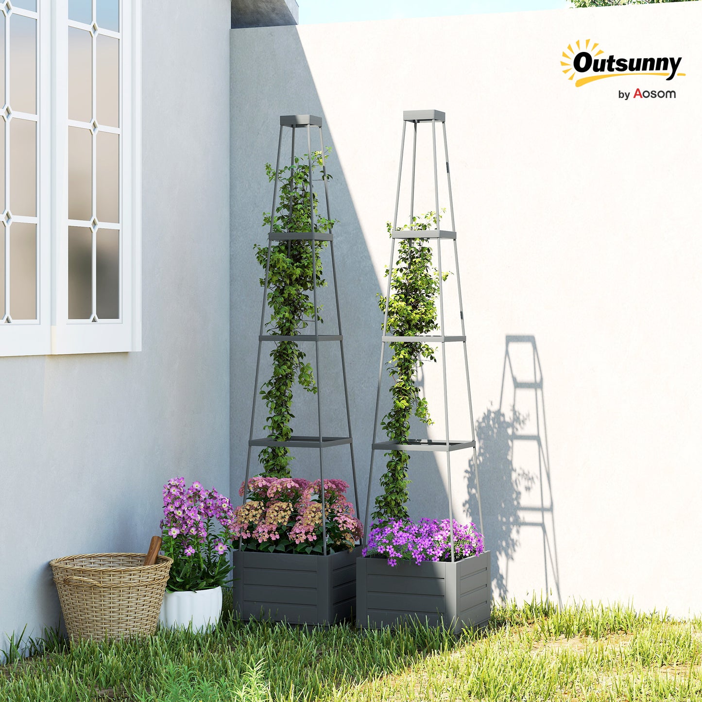 2 Pack Raised Garden Bed with Trellis, Plastic Outdoor Planter Box with Removable Drainage Tray, Tomato Cage for Climbing Plants, Vegetables, Flowers, 28 x 28 x 140 cm