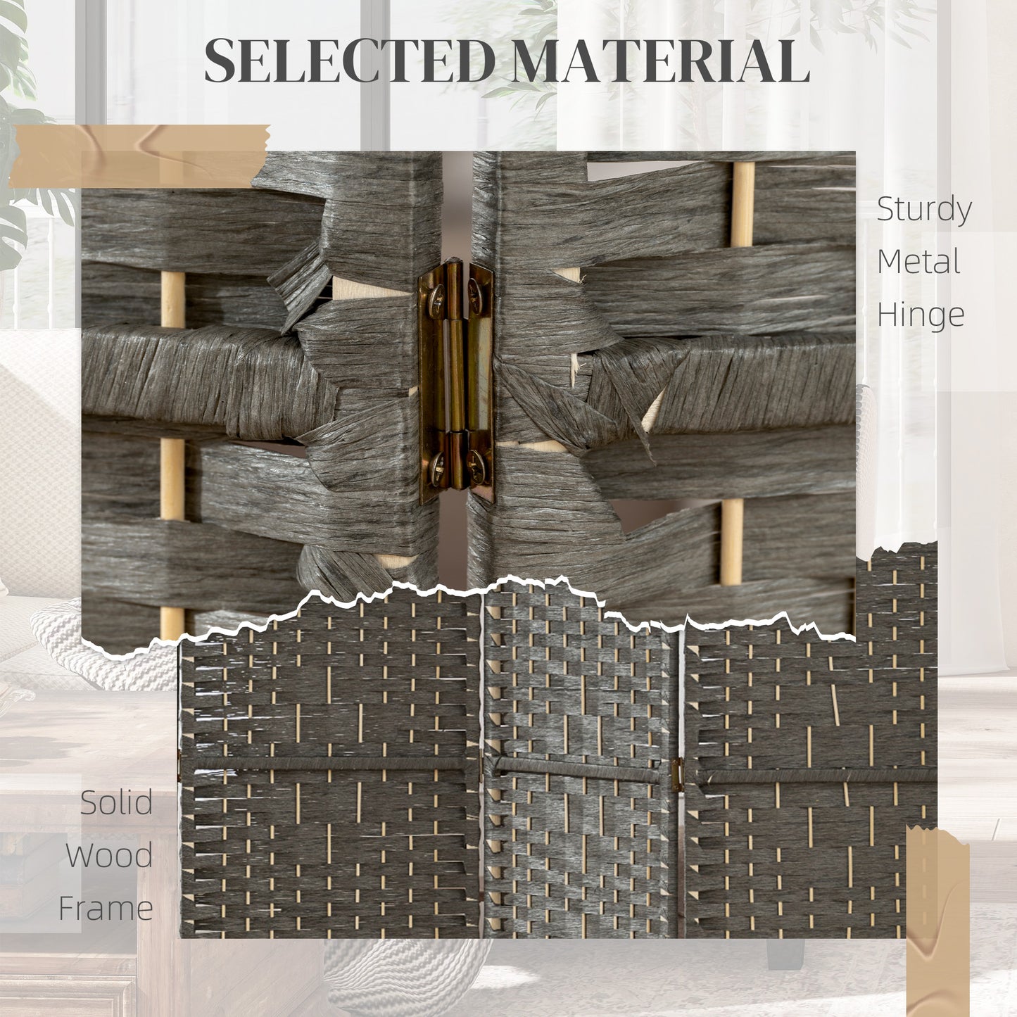 4 Panel Folding Privacy Screen with Pine Wood Frame, Dark Grey