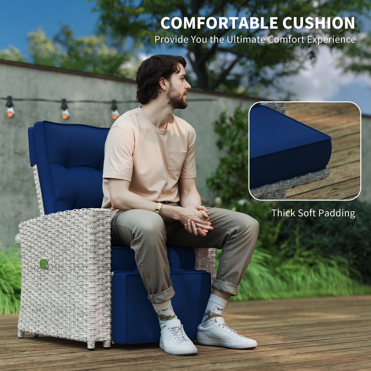 4 Piece Reclining Rattan Garden Furniture Set with Sofa, Glass Table, Blue