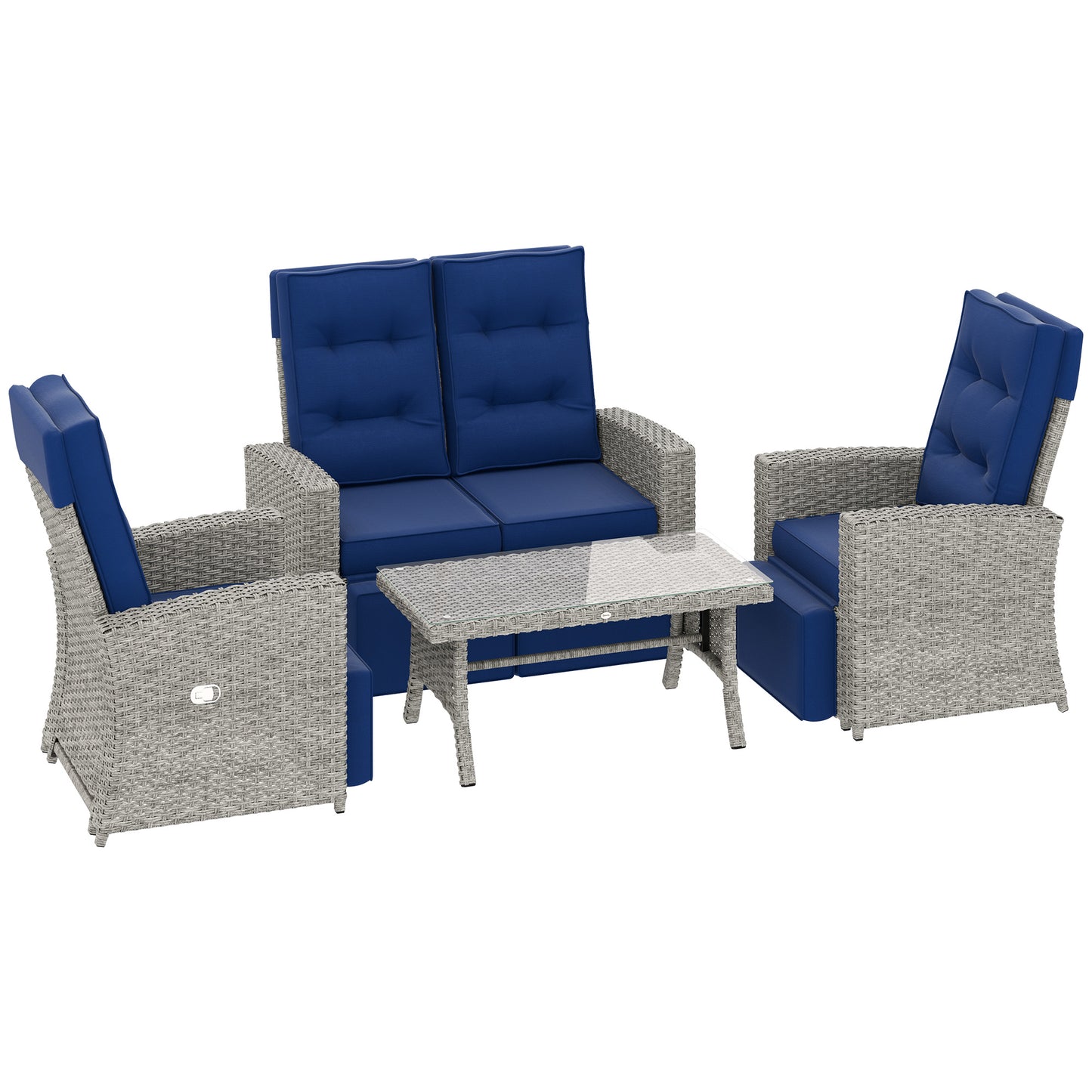 4 Piece Reclining Rattan Garden Furniture Set with Sofa, Glass Table, Blue