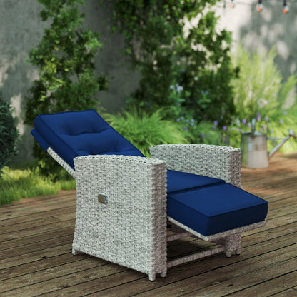 4 Piece Reclining Rattan Garden Furniture Set with Sofa, Glass Table, Blue