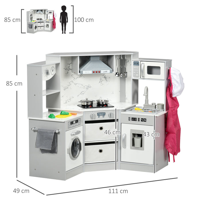 AIYAPLAY Toy Kitchen with Running Water, Lights Sounds, Apron and Chef Hat, Water Dispenser, for 3-6 Years Old - Grey