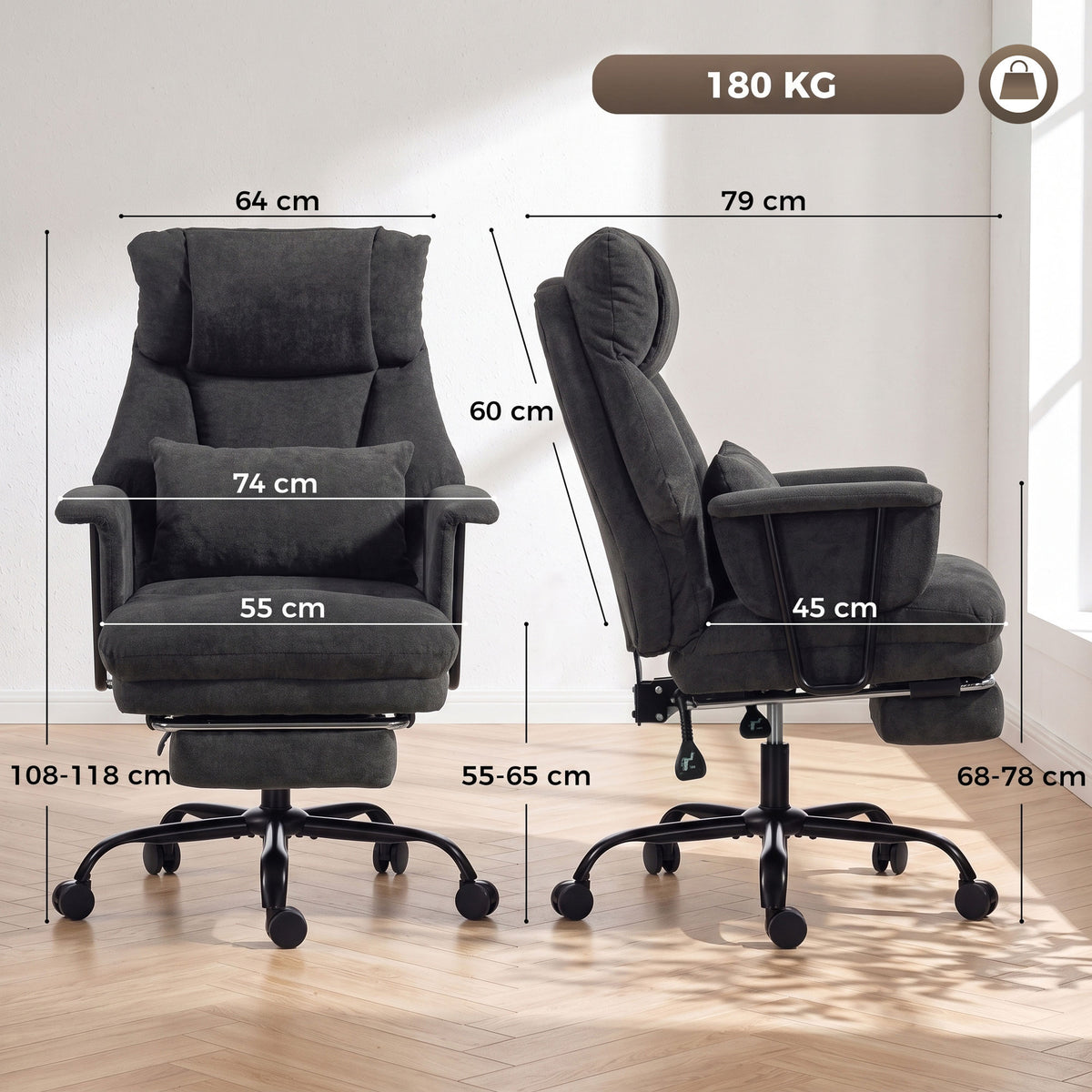 180kg Office Chair, Desk Chair with Lumbar Support, Black