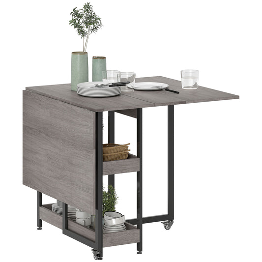 Folding Dining Table, Drop Leaf Table with Open Compartments, Grey