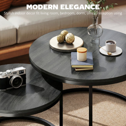 2 Pcs Stacking Coffee Table Set Steel Frame, Black Wood Grain