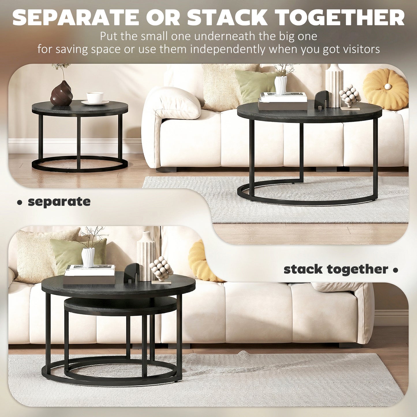 2 Pcs Stacking Coffee Table Set Steel Frame, Black Wood Grain