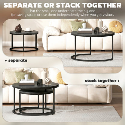 2 Pcs Stacking Coffee Table Set Steel Frame, Black Wood Grain