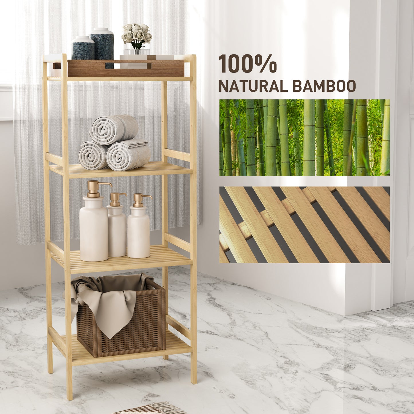4-Tier Bamboo Bathroom Storage Shelf with Adjustable Rack, Natural